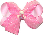 Medium Easter Bunny with Easter Basket Miniature on Shimmer Mesh and Pink Saddle Stitch over White Double Layer Overlay Bow